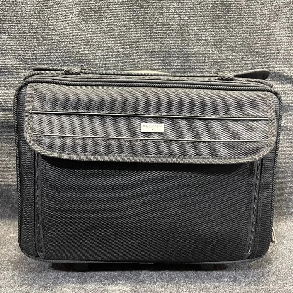 US Luggage New York Black Ballistic Nylon Rolling Catalog Case Wheeled Briefcase